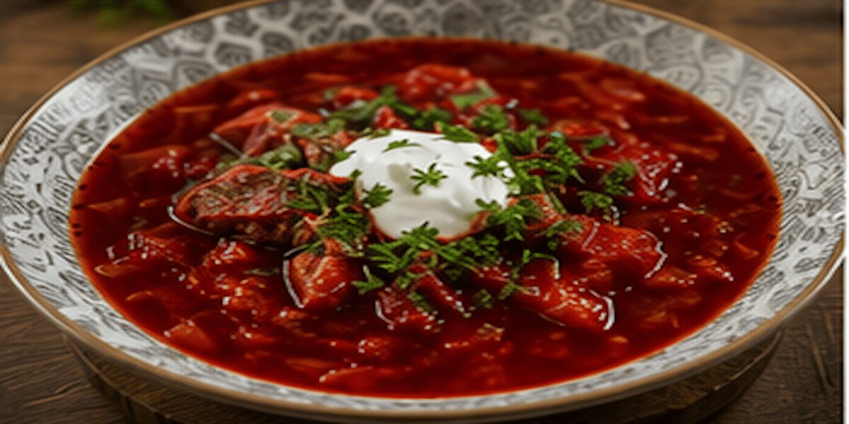 Классический красный борщ с кусочками говядины в глубокой тарелке, украшенный сметаной и зеленью