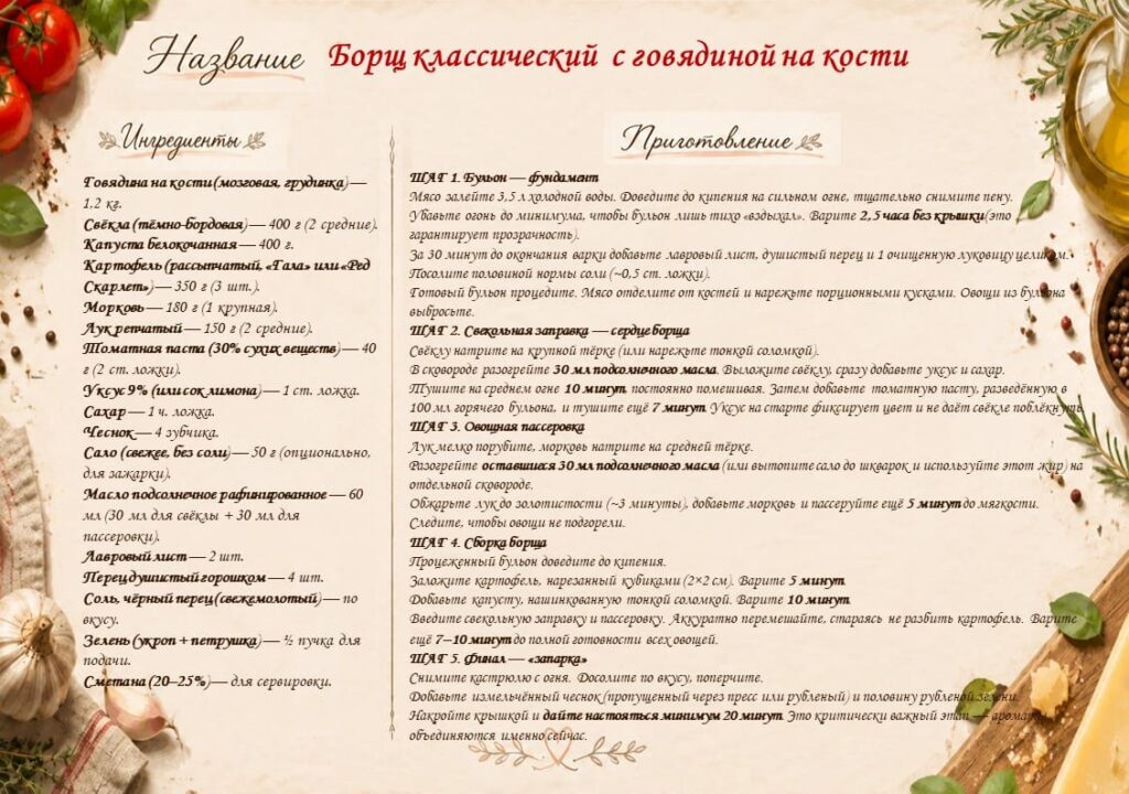 Кулинарная карточка рецепта - борщ классический с говядиной на кости